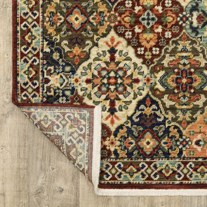 8' X 11' Red Rust Navy Light Blue Brown Orange Ivory And Gold Oriental Power Loom Stain Resistant Area Rug With Fringe