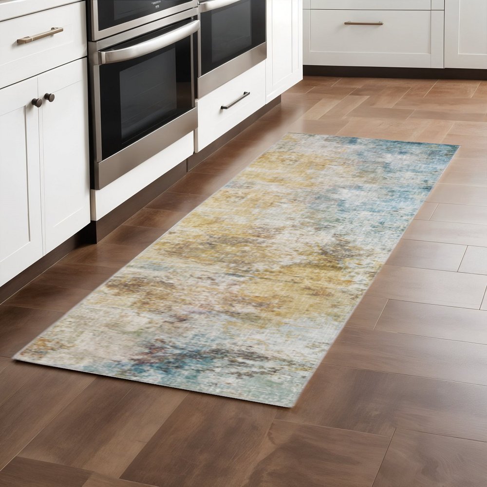 2' X 8' Blue And Yellow Abstract Power Loom Stain Resistant Runner Rug