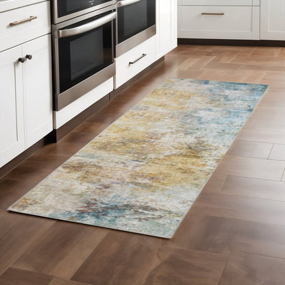 2' X 8' Blue And Yellow Abstract Power Loom Stain Resistant Runner Rug