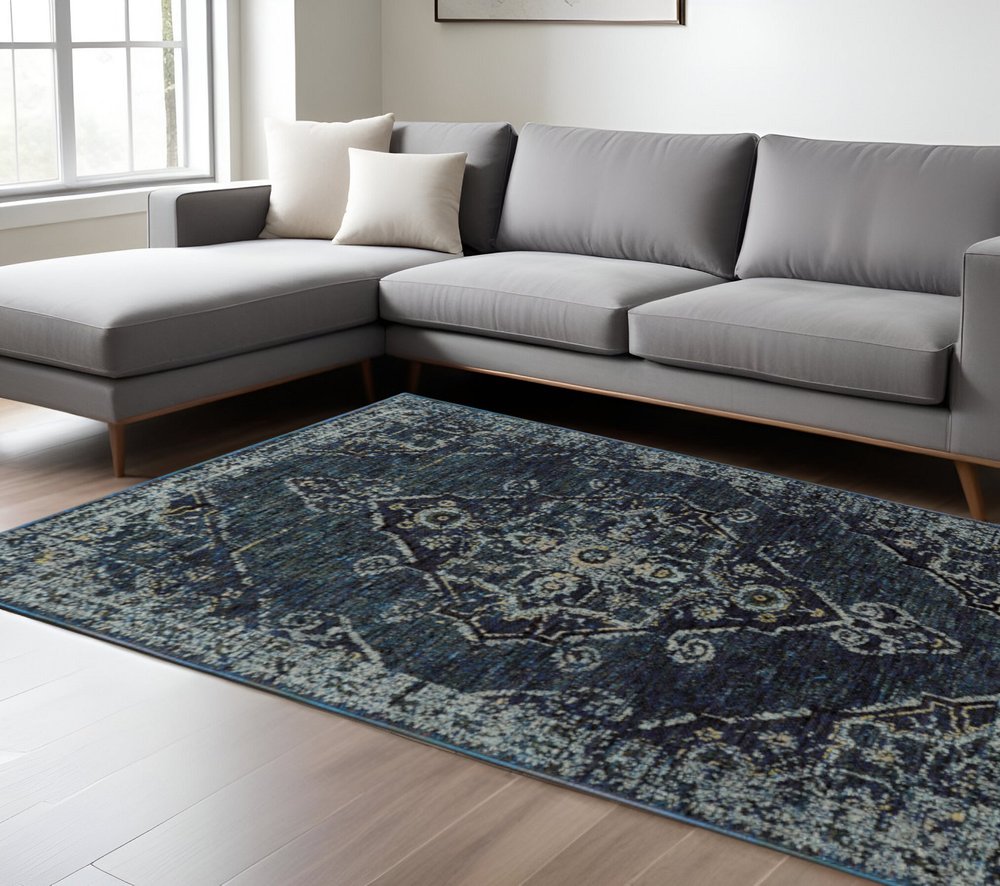 8' X 11' Blue and Black Oriental Power Loom Area Rug