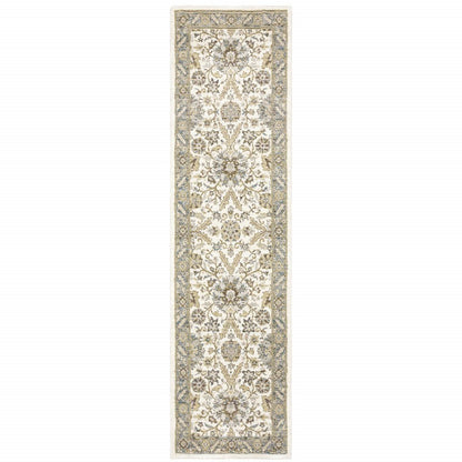 8' Gray And Ivory Oriental Runner Rug