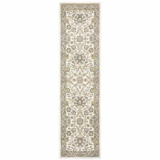 8' Gray And Ivory Oriental Runner Rug