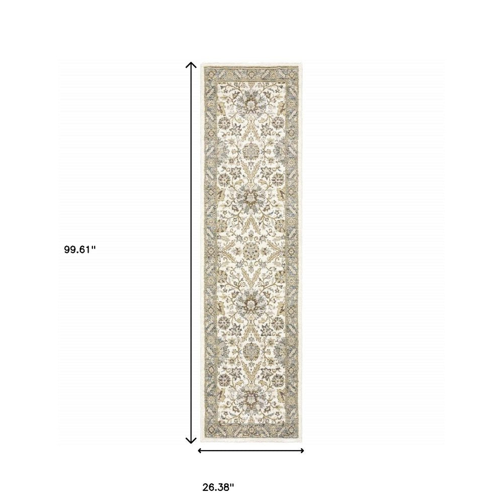 8' Gray And Ivory Oriental Runner Rug