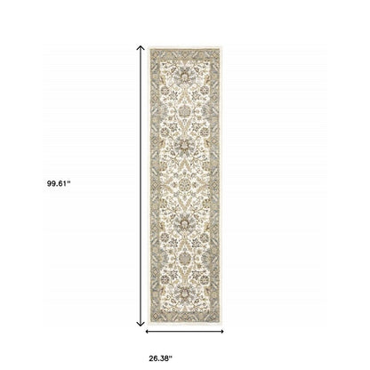 8' Gray And Ivory Oriental Runner Rug
