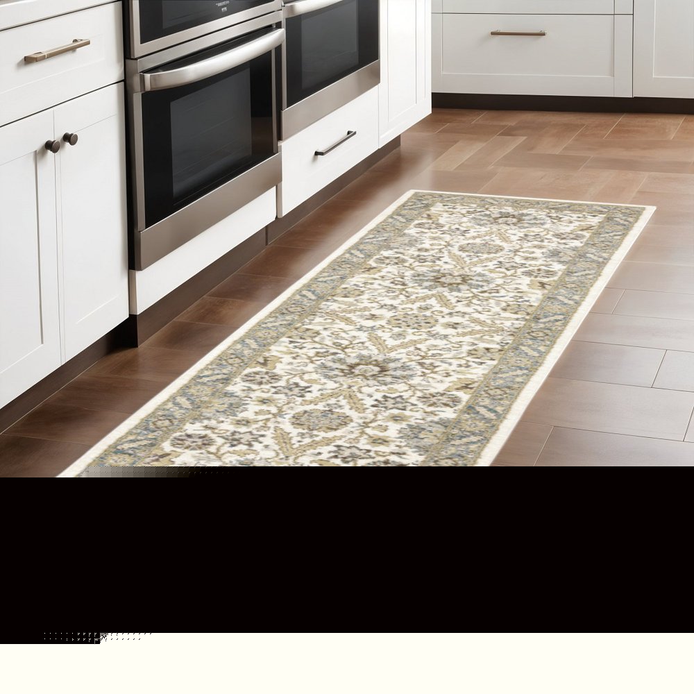 8' Gray And Ivory Oriental Runner Rug