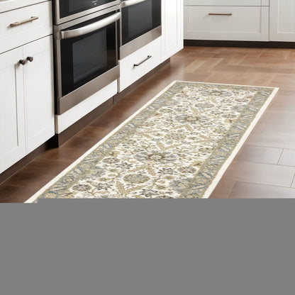 8' Gray And Ivory Oriental Runner Rug