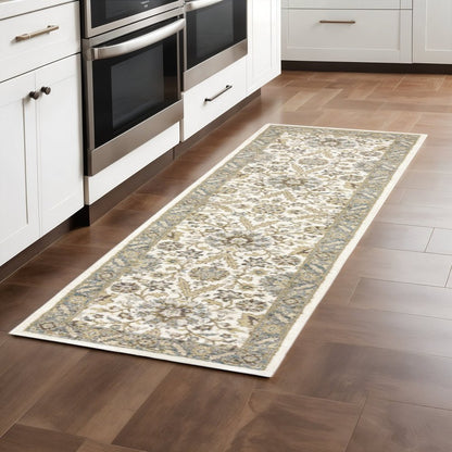 8' Gray And Ivory Oriental Runner Rug