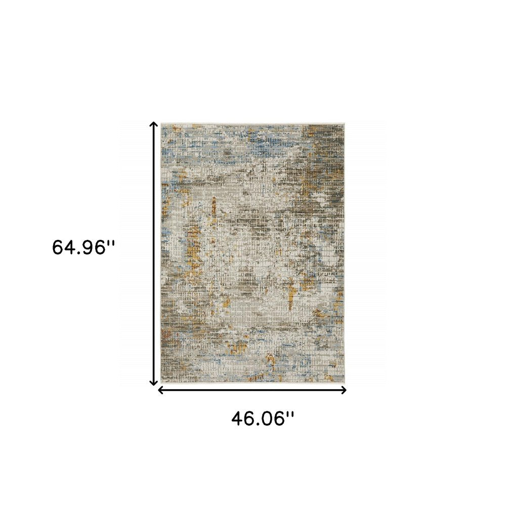8' X 11' Beige Grey Brown Gold Red And Blue Abstract Power Loom Stain Resistant Area Rug With Fringe