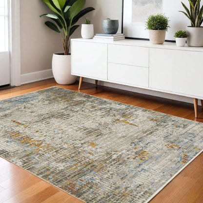8' X 11' Beige Grey Brown Gold Red And Blue Abstract Power Loom Stain Resistant Area Rug With Fringe
