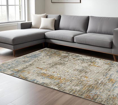 4' X 6' Beige Grey Brown Gold Red And Blue Abstract Power Loom Stain Resistant Area Rug With Fringe