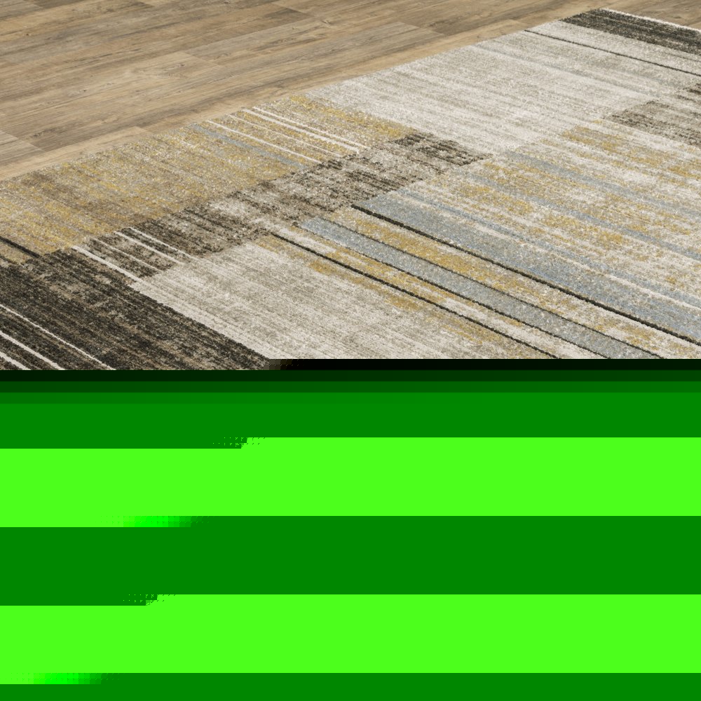10' X 13' Beige Charcoal Brown Grey Tan Gold And Blue Geometric Power Loom Stain Resistant Area Rug With Fringe