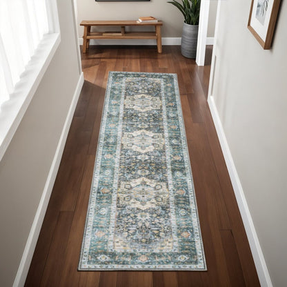 2' X 8' Blue Ivory Teal Brown And Gold Oriental Printed Stain Resistant Non Skid Runner Rug