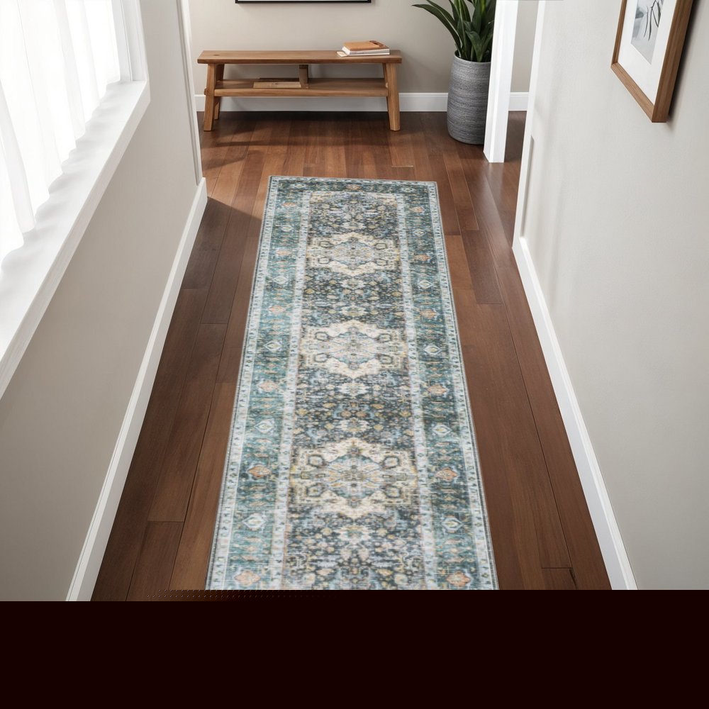 2' X 8' Blue Ivory Teal Brown And Gold Oriental Printed Stain Resistant Non Skid Runner Rug