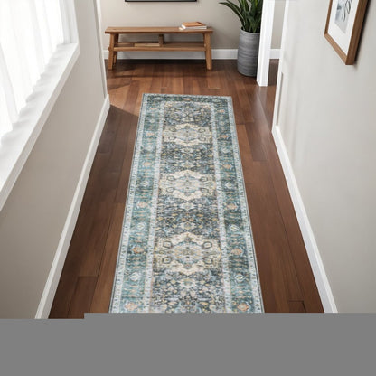 2' X 8' Blue Ivory Teal Brown And Gold Oriental Printed Stain Resistant Non Skid Runner Rug