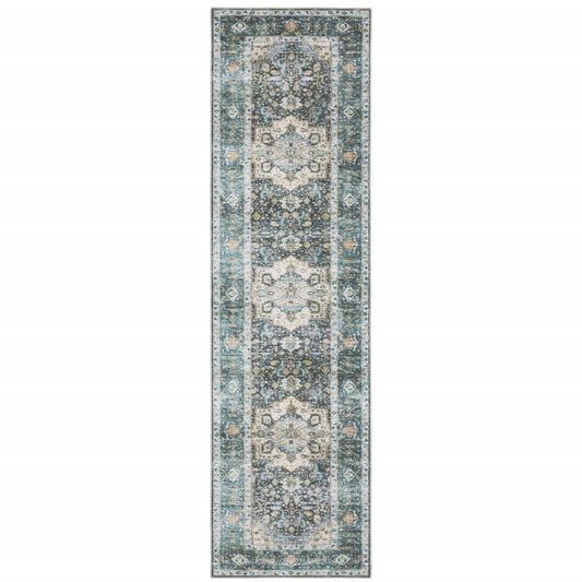 2' X 8' Blue Ivory Teal Brown And Gold Oriental Printed Stain Resistant Non Skid Runner Rug