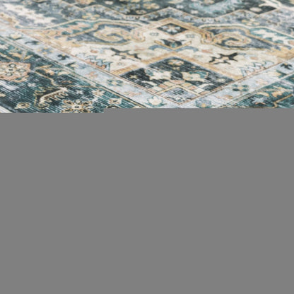 2' X 8' Blue Ivory Teal Brown And Gold Oriental Printed Stain Resistant Non Skid Runner Rug