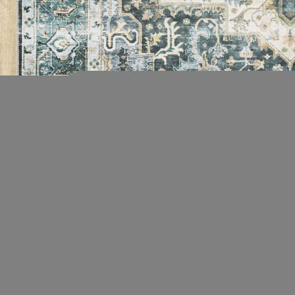 2' X 8' Blue Ivory Teal Brown And Gold Oriental Printed Stain Resistant Non Skid Runner Rug
