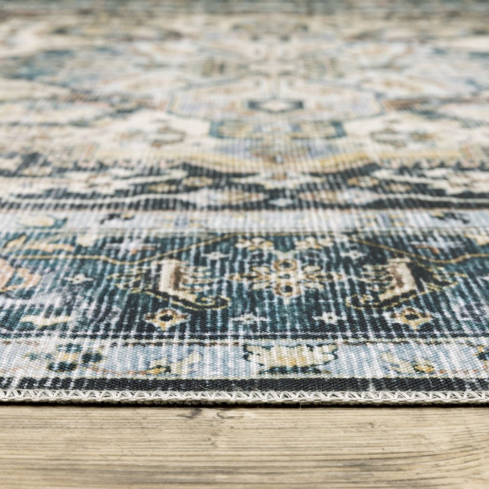 7' X 10' Blue and Ivory Oriental Non Skid Area Rug