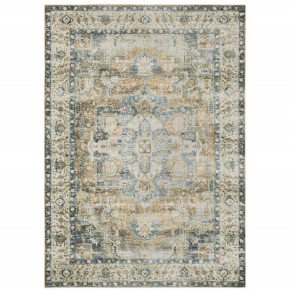7' X 10' Blue and Gold Oriental Non Skid Area Rug