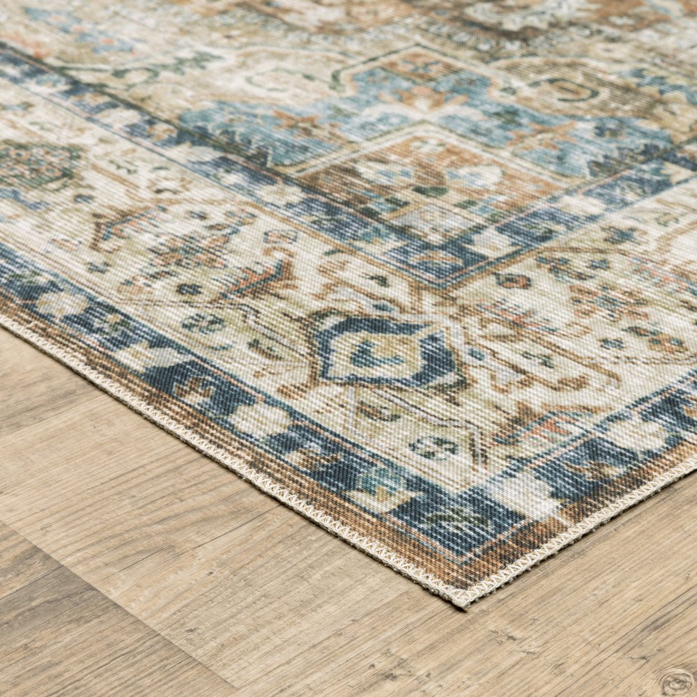 7' X 10' Blue and Gold Oriental Non Skid Area Rug