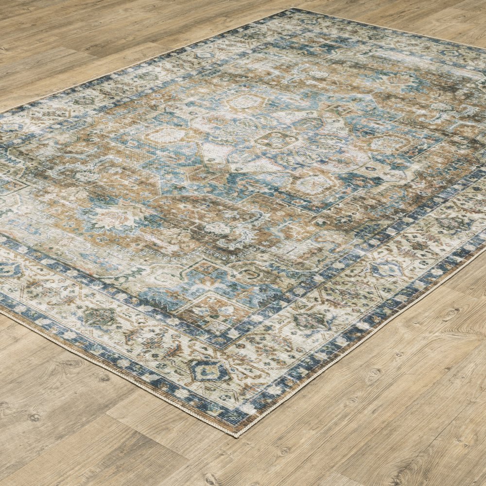 7' X 10' Blue and Gold Oriental Non Skid Area Rug