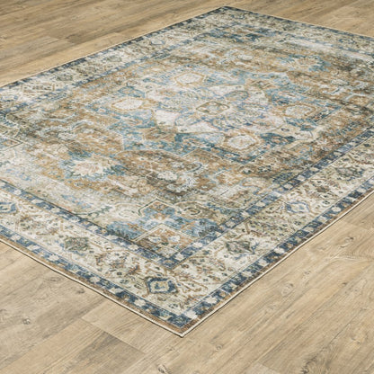 7' X 10' Blue and Gold Oriental Non Skid Area Rug