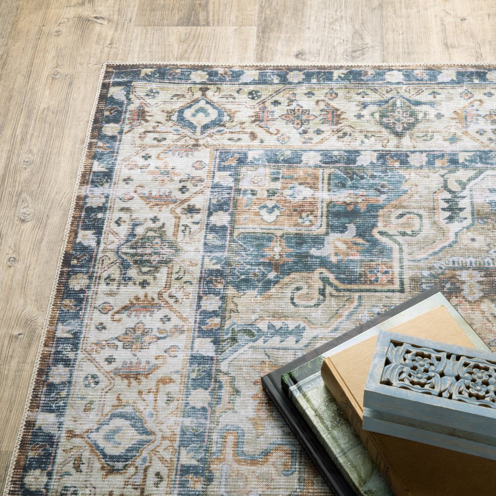 7' X 10' Blue and Gold Oriental Non Skid Area Rug