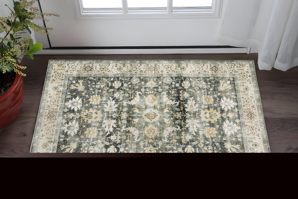 2' X 3' Grey Charcoal Gold Brown Ivory Pale Sage And Light Blue Oriental Printed Stain Resistant Non Skid Area Rug