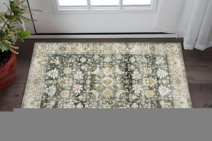 2' X 3' Grey Charcoal Gold Brown Ivory Pale Sage And Light Blue Oriental Printed Stain Resistant Non Skid Area Rug