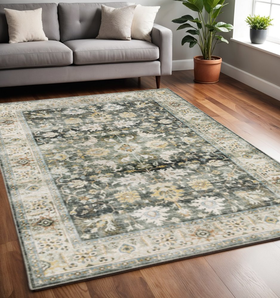 2' X 3' Grey Charcoal Gold Brown Ivory Pale Sage And Light Blue Oriental Printed Stain Resistant Non Skid Area Rug