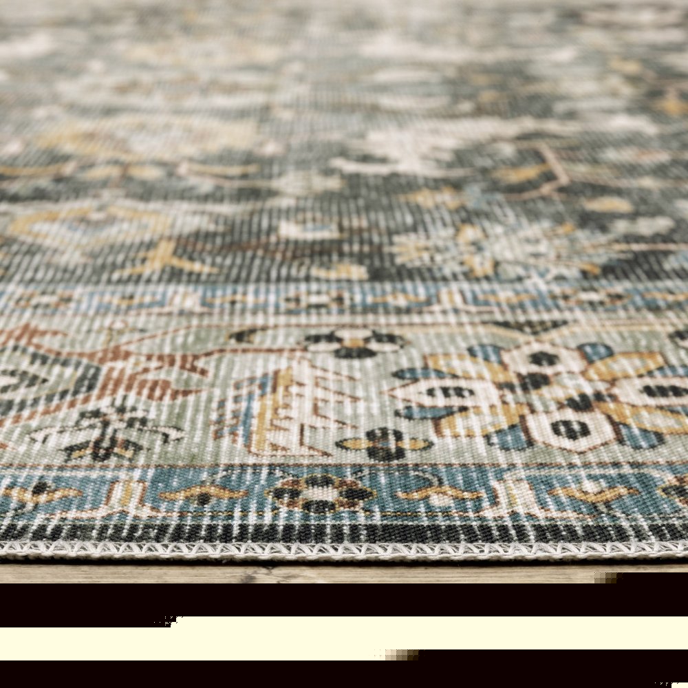 2' X 3' Grey Charcoal Gold Brown Ivory Pale Sage And Light Blue Oriental Printed Stain Resistant Non Skid Area Rug
