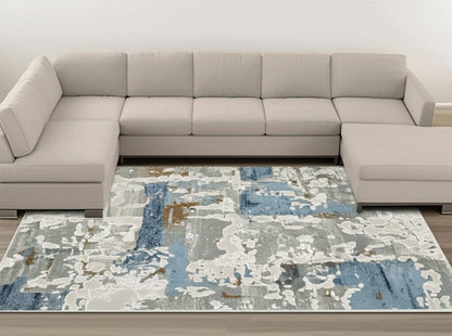 3' X 5' Grey Blue Navy Ivory And Brown Abstract Power Loom Stain Resistant Area Rug