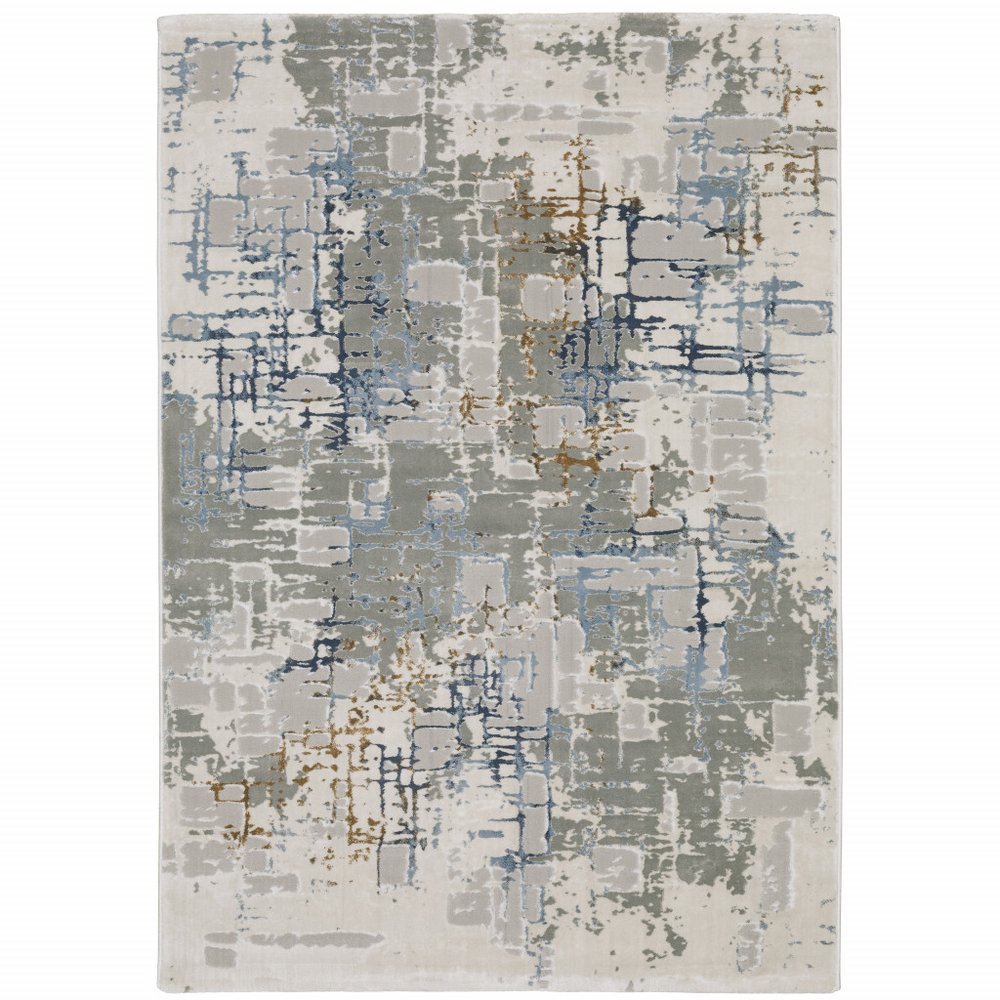 8' X 11' Grey Blue Brown Ivory And Deep Blue Abstract Power Loom Stain Resistant Area Rug