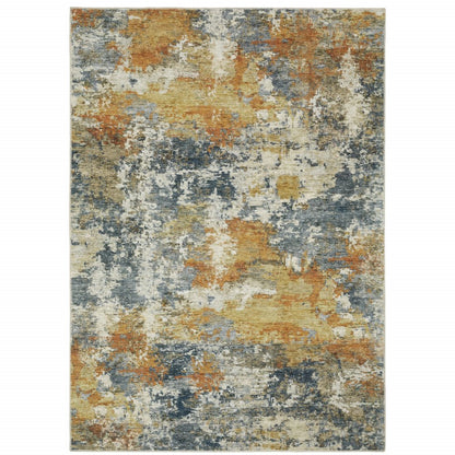 5' X 7' Teal Blue And Gold Abstract Distressed Area Rug