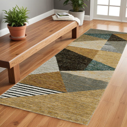 8' Blue And Beige Geometric Runner Rug