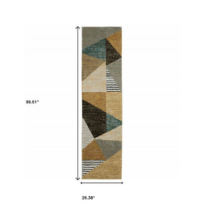 8' Blue And Beige Geometric Runner Rug