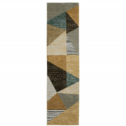 8' Blue And Beige Geometric Runner Rug