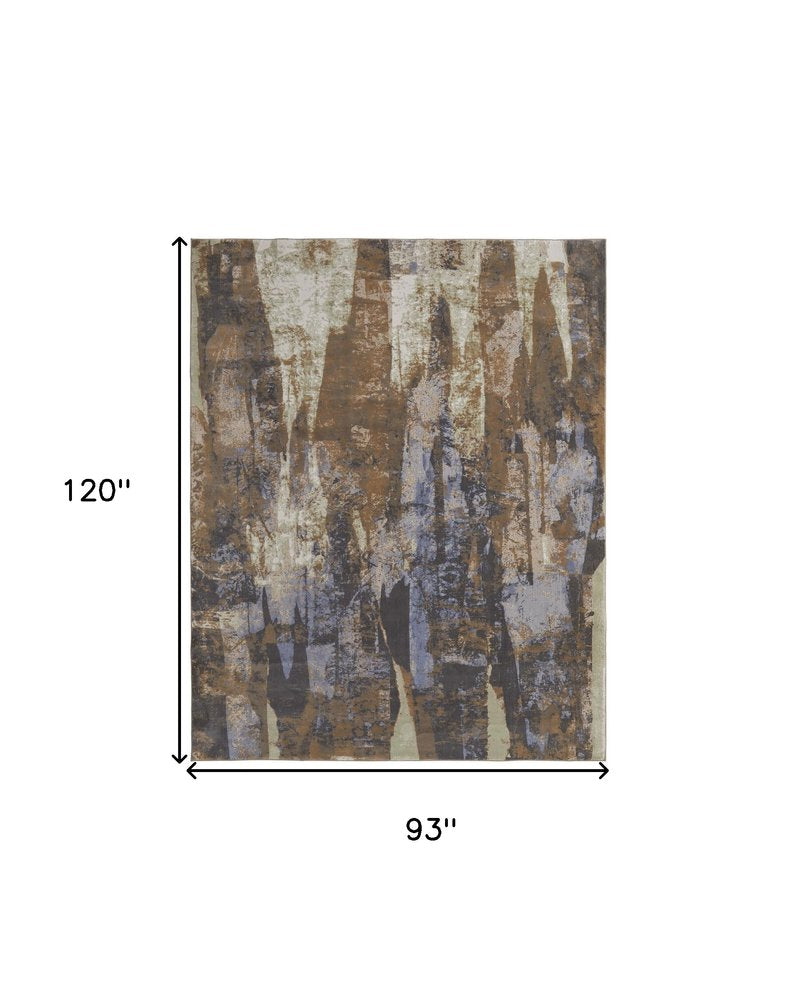 8' X 10' Brown Blue And Ivory Abstract Distressed Area Rug