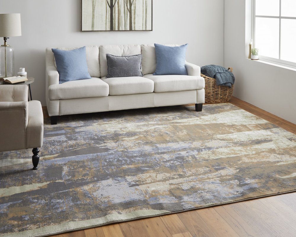 8' X 10' Brown Blue And Ivory Abstract Distressed Area Rug