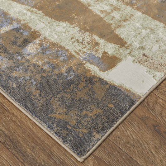 8' X 10' Brown Blue And Ivory Abstract Distressed Area Rug