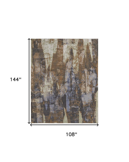9' X 12' Brown Blue And Ivory Abstract Distressed Area Rug
