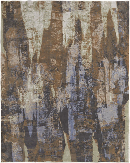 9' X 12' Brown Blue And Ivory Abstract Distressed Area Rug