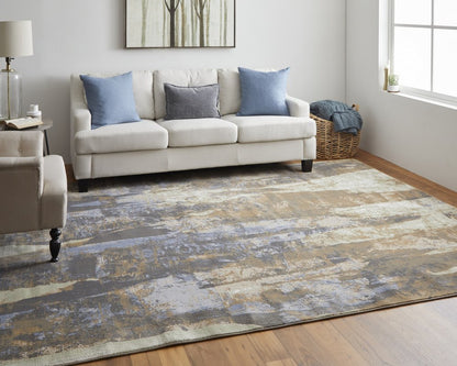 9' X 12' Brown Blue And Ivory Abstract Distressed Area Rug