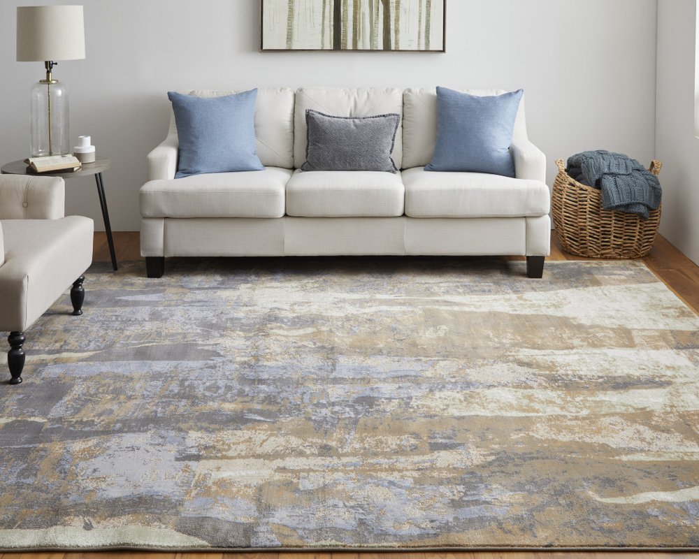 9' X 12' Brown Blue And Ivory Abstract Distressed Area Rug