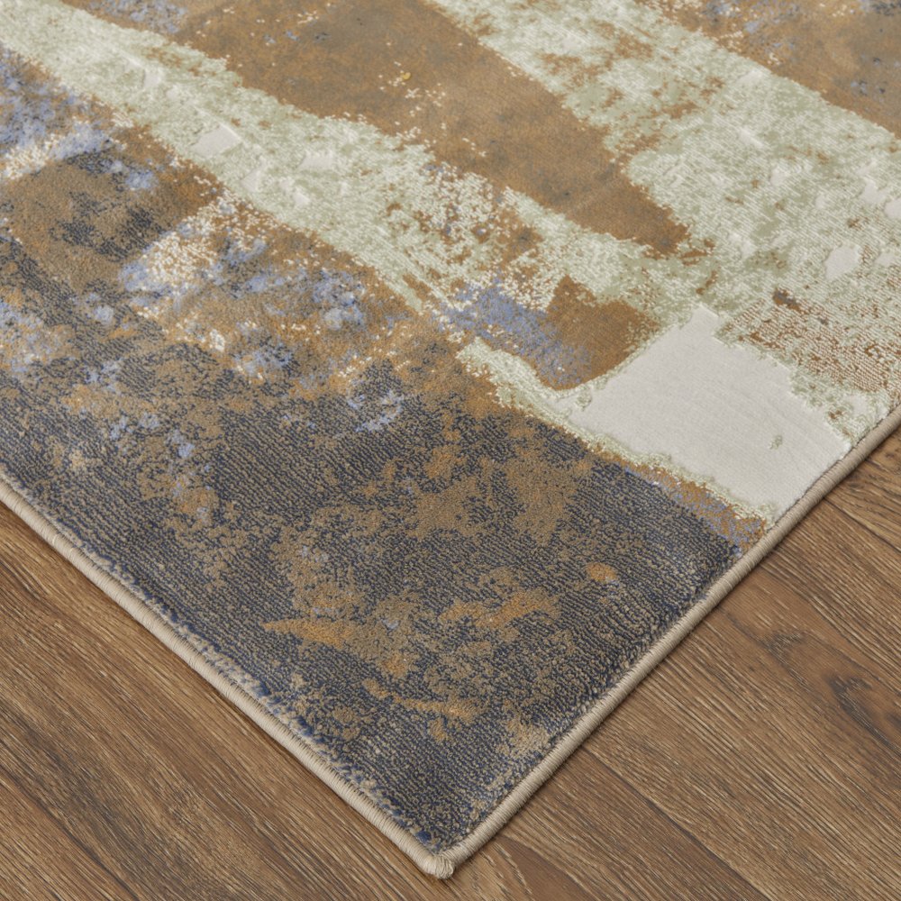 9' X 12' Brown Blue And Ivory Abstract Distressed Area Rug