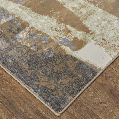 9' X 12' Brown Blue And Ivory Abstract Distressed Area Rug