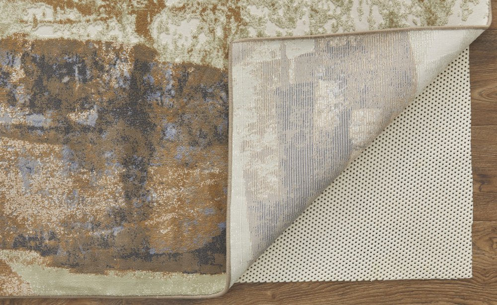 9' X 12' Brown Blue And Ivory Abstract Distressed Area Rug