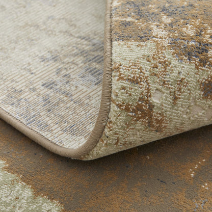 9' X 12' Brown Blue And Ivory Abstract Distressed Area Rug