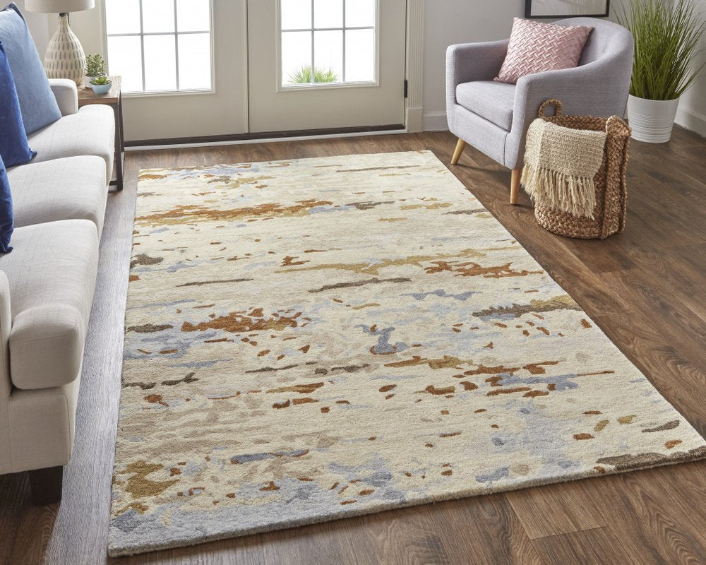 4' X 6' Ivory Blue And Brown Wool Abstract Tufted Handmade Stain Resistant Area Rug