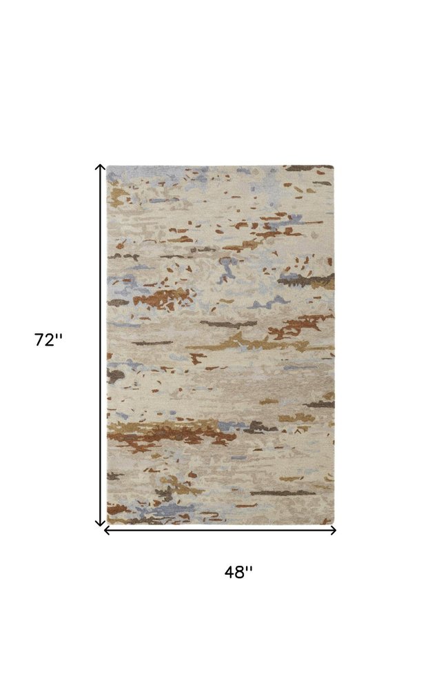 4' X 6' Ivory Blue And Brown Wool Abstract Tufted Handmade Stain Resistant Area Rug